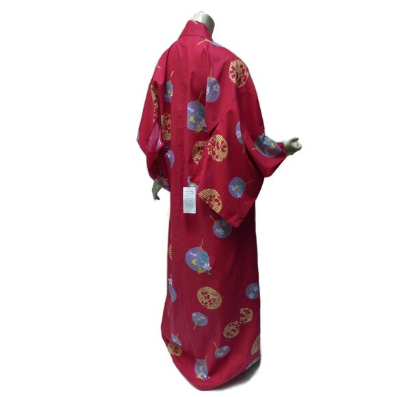 New Japanese Cotton Yukata Red Fanciful Moon Print Crisp Kimono - ONE SIZE - Picture 5 of 7